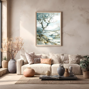 Wintery Cliffside Väg med Bare Träd Poster