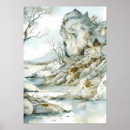 Wintery Cliffside Väg med Bare Träd Poster
