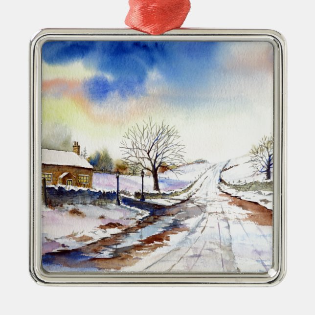 Wintery Lane Watercolor Landscape Paeing Julgransprydnad Metall (Framsidan)