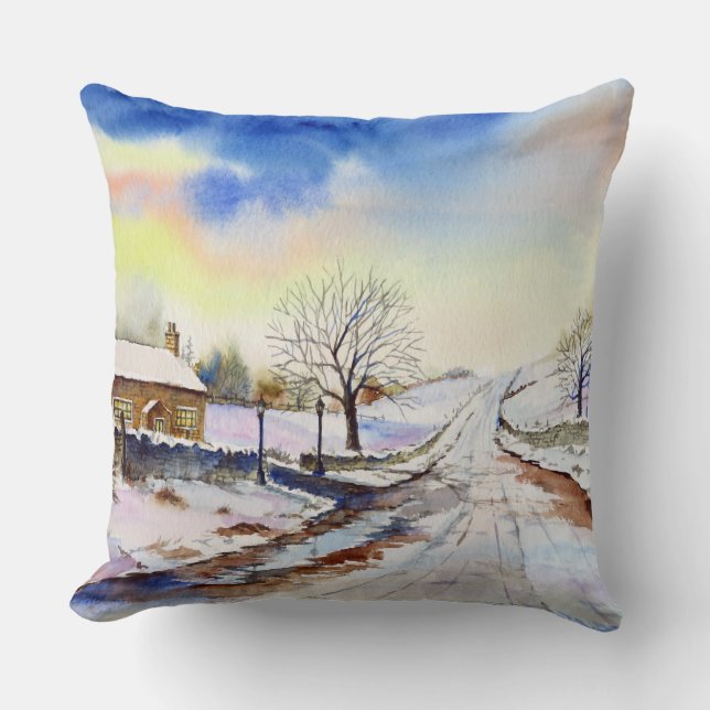 Wintery Lane Watercolor Landscape Paeing Kudde (Framsida)