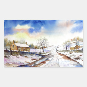 Wintery Lane Watercolor Landscape Paeing Rektangulärt Klistermärke