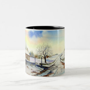 Wintery Lane Watercolor Landscape Paeing Två-Tonad Mugg