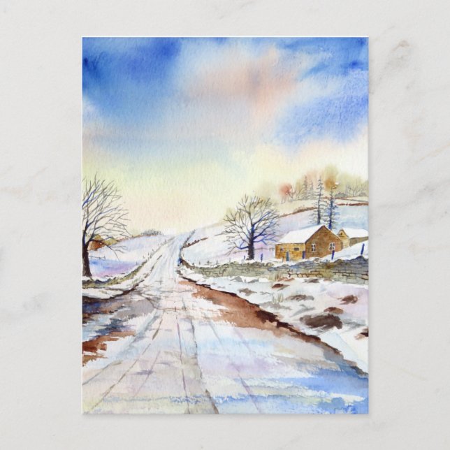 Wintery Lane Watercolor Landscape Paeing Vykort (Framsida)