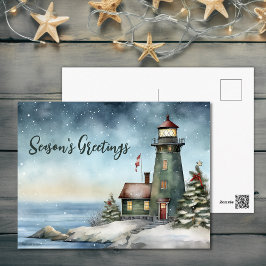 Wintery Lighthouse Season Greetings jul Helg Vykort