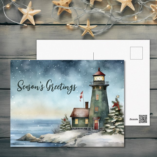 Wintery Lighthouse Season Greetings jul Helg Vykort (Wintery Lighthouse Season's Greetings Christmas Holiday Postcard)