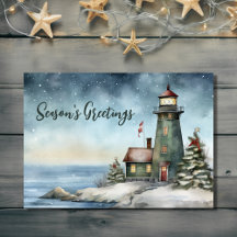 Wintery Lighthouse Season Greetings jul