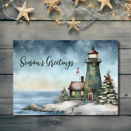 Wintery Lighthouse Season Greetings jul Helgkort