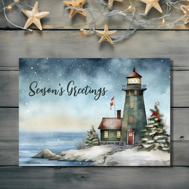 Wintery Lighthouse Season Greetings jul Helgkort (Front - Wintery Lighthouse Season's Greetings Christmas Holiday Card)