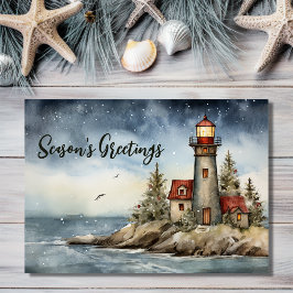 Wintery Lighthouse Season Greetings jul Helgkort