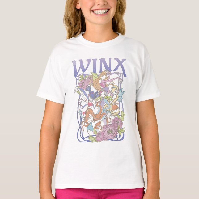 Winx Klubb Main Cast Fairy Poses Distress Blommigt T Shirt (Framsida)