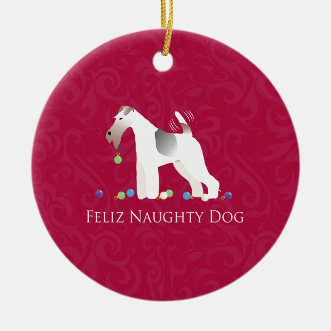 Wire Fox Terrier Feliz Naughty Hund jul Julgransprydnad Keramik (Framsidan)