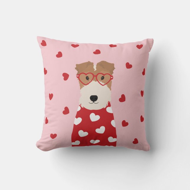 Wire Fox Terrier Hund Heart Glasses Rosa Red Kudde (Framsida)