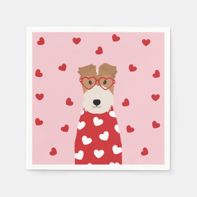 Wire Fox Terrier Hund Heart Glasses Rosa Red Pappersservett (Framsidan)