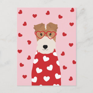 Wire Fox Terrier Hund Heart Glasses Rosa Red Vykort