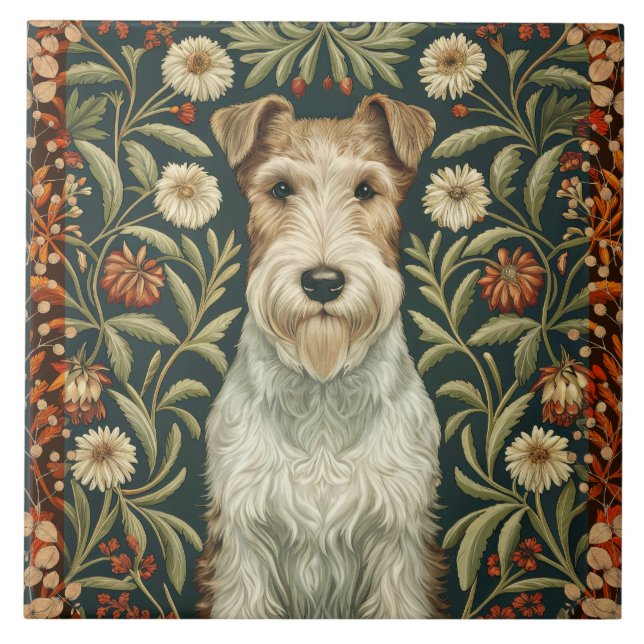 Wire Fox Terrier in William Morris Floral Style Kakelplatta (Framsidan)