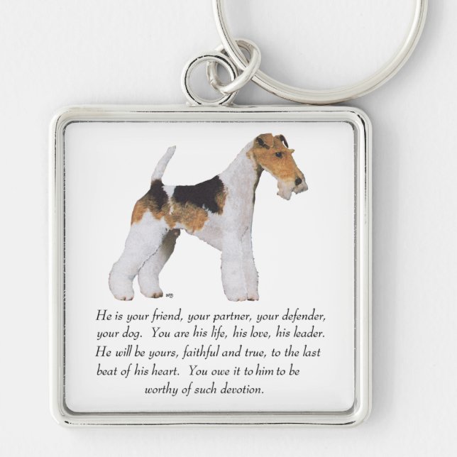 Wire Fox Terrier Minne / Vigd HANE Fyrkantig Silverfärgad Nyckelring (Framsidan)