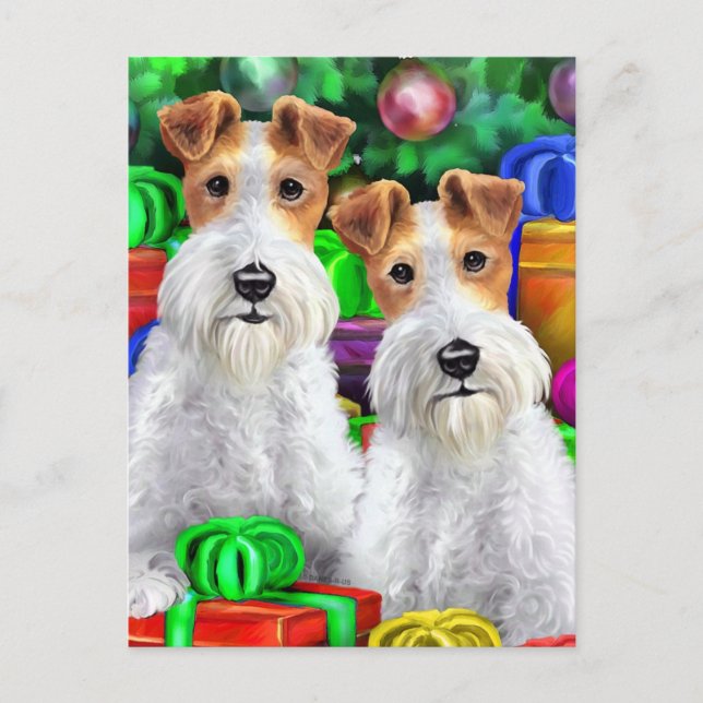 Wire Fox Terrier Open Gifts-jul Helg Vykort (Framsida)