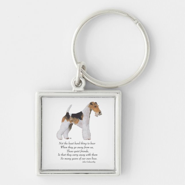 Wire Fox Terrier Regnbågsbron Fyrkantig Silverfärgad Nyckelring (Framsidan)