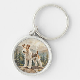 Wire Fox Terrier Rund Silverfärgad Nyckelring