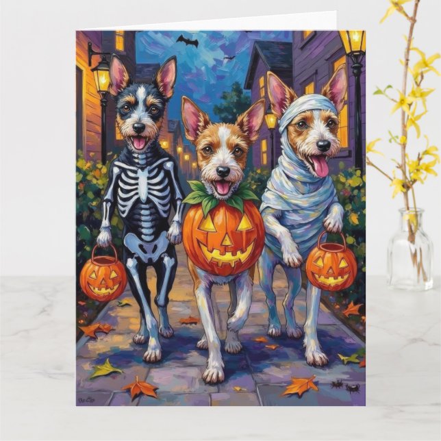 Wire Fox Terrier Trick-or-Treating Halloween Kort (Gul blomma)