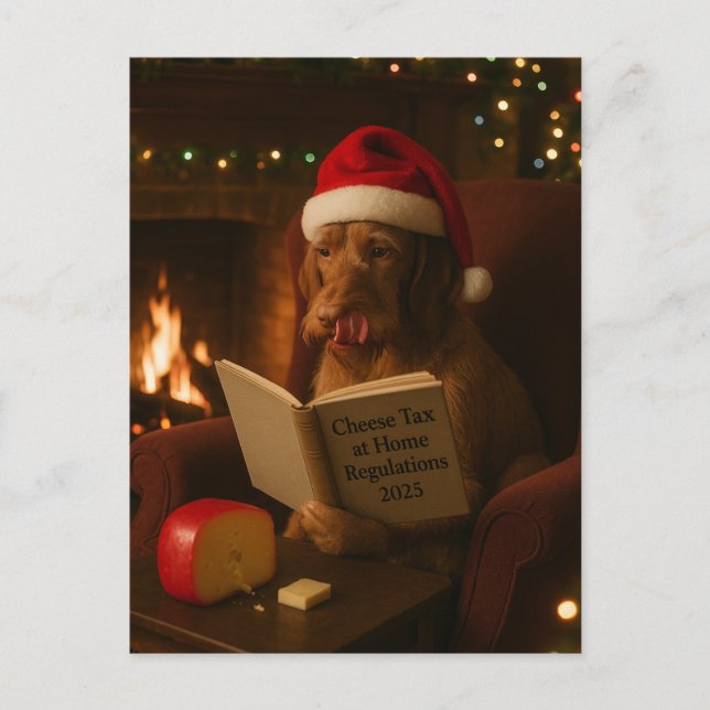 Wire haired Vizsla 'Cheese Tax' Christmas postcard Vykort (Framsida)
