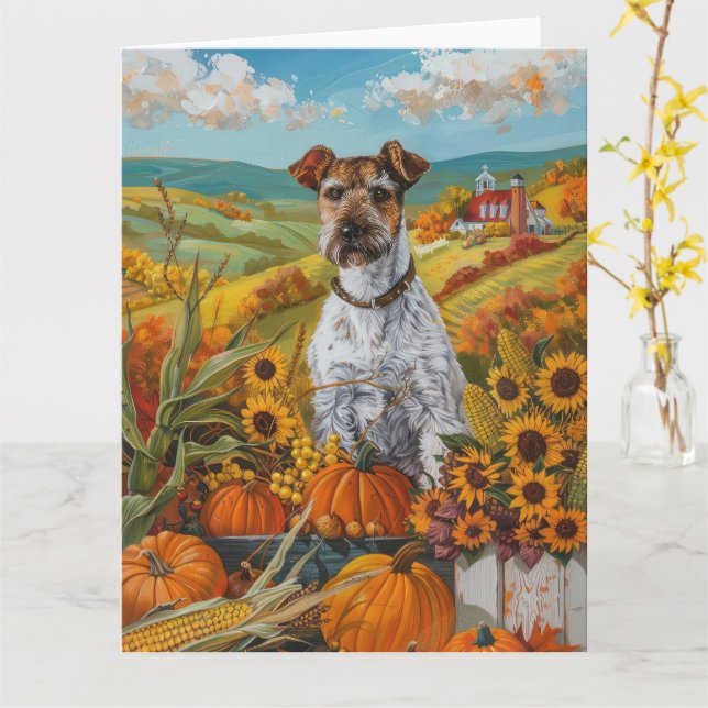 Wirefox Terrier Hund Höstskörd Tacksägelse Kort (Gul blomma)