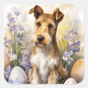 Wirefox Terrier-Hund med Påskägg Helgdag Fyrkantigt Klistermärke