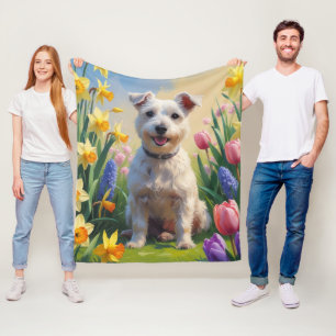 Wirefox Terrier Hund Vårblommor Målning Fleecefilt
