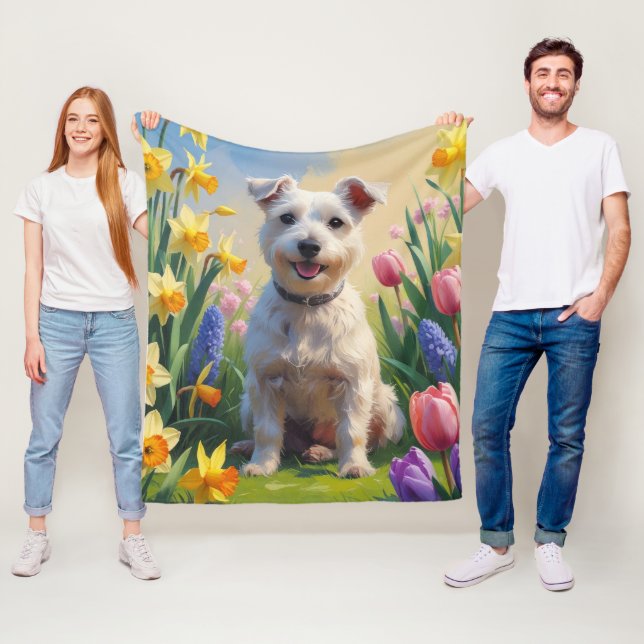 Wirefox Terrier Hund Vårblommor Målning Fleecefilt (På plats)
