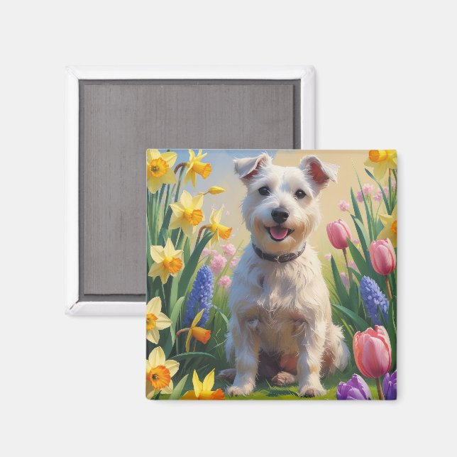 Wirefox Terrier Hund Vårblommor Målning Magnet (Front/Back)