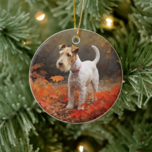 Wirefox Terrier i höstlöv Fall Inspire Julgransprydnad Keramik