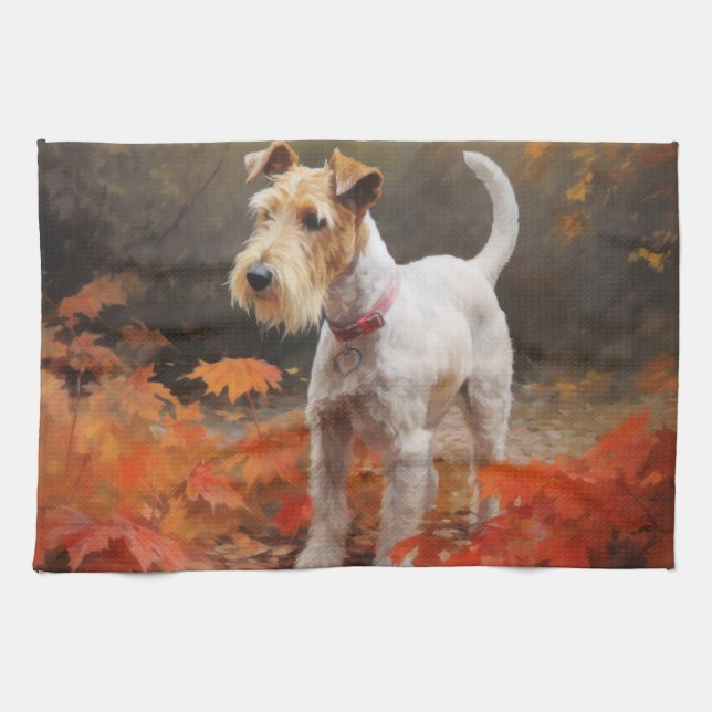 Wirefox Terrier i höstlöv Fall Inspire  Kökshandduk (Horisontell)