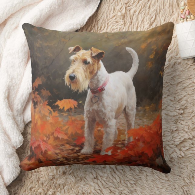Wirefox Terrier i höstlöv Fall Inspire Kudde (Filt)