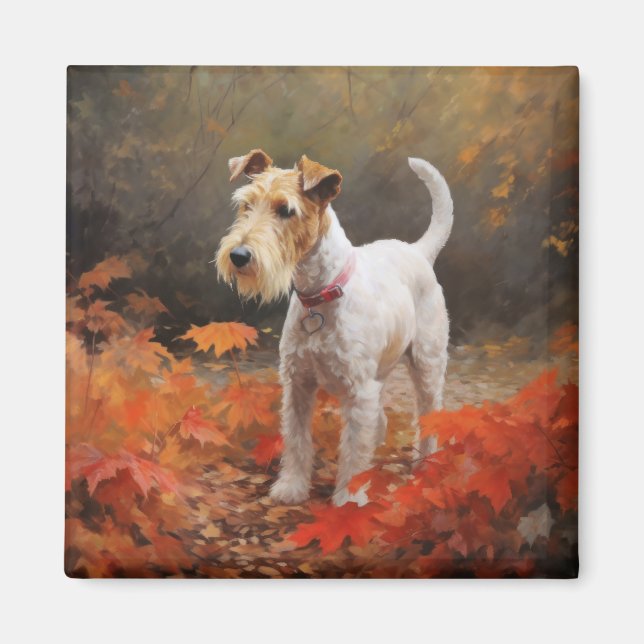 Wirefox Terrier i höstlöv Fall Inspire Magnet (Framsidan)