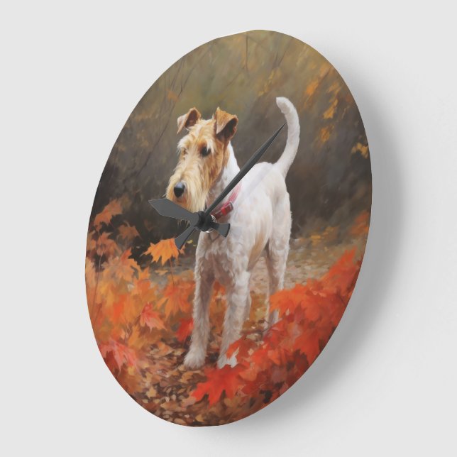Wirefox Terrier i höstlöv Fall Inspire Stor Klocka (Vinkel)