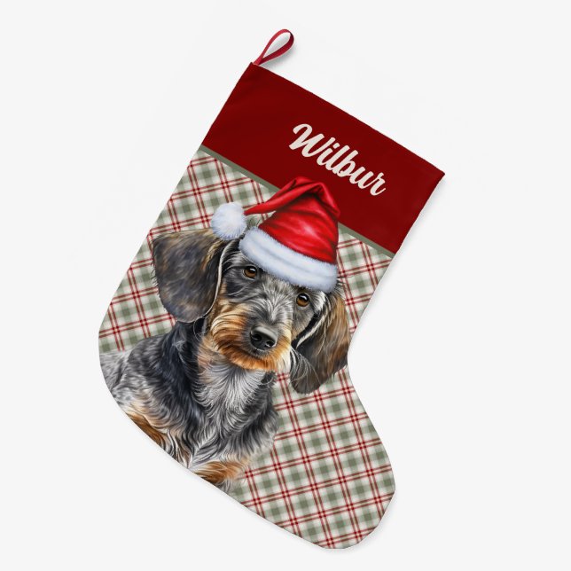 Wirehair Dachshund Dog Holiday Plaid Personalized Stor Julstrumpa (Framsidan (Hängande))