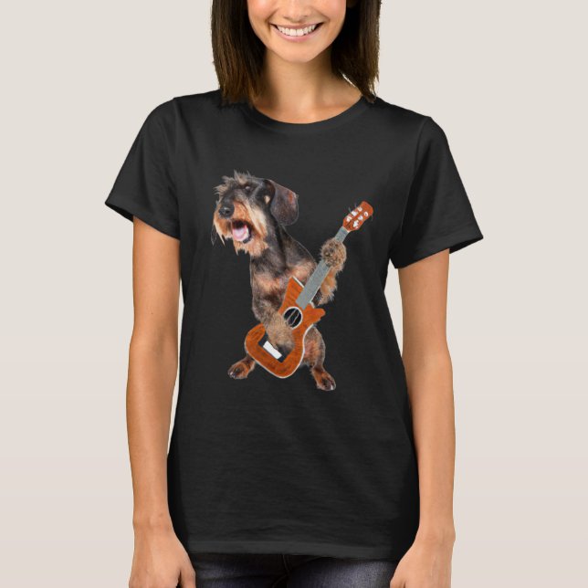 Wirehair Dachshund Hund spelar Guitar T-Shirt (Framsida)