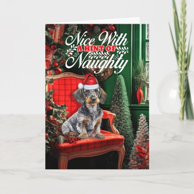 Wirehair Dachshund jul Hund Naughty Nice Helgkort (Framsida)