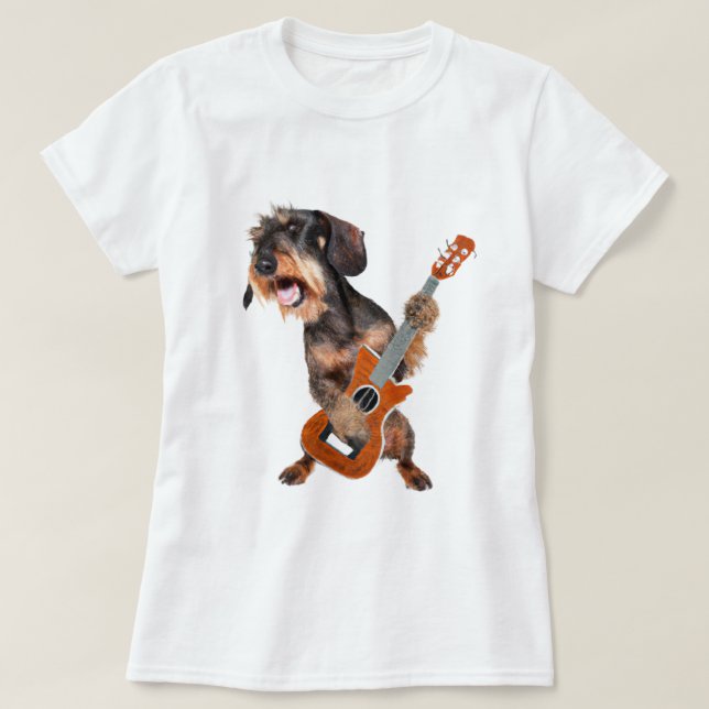 Wirehair Dachshund Spela Guitar T-Shirt (Design framsida)