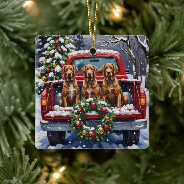 Wirehaired Pointing Griffon Christmas Red Truck Julgransprydnad Keramik (Träd)