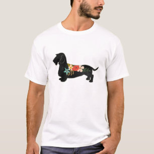 Wirehsted Dachshund Bohemian Blommigt Silhouette T Shirt