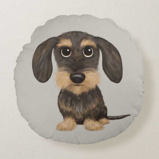 Wirehved Dachshund | Cute Tecknad hund Teckel Rund Kudde (Framsidan)