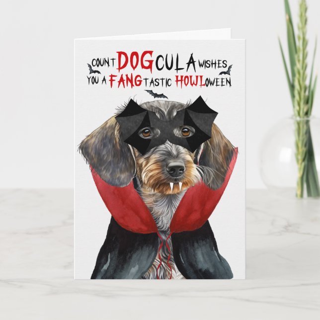 Wirehved Dachshund Funny Count DOGcula Halloween Helgkort (Framsida)