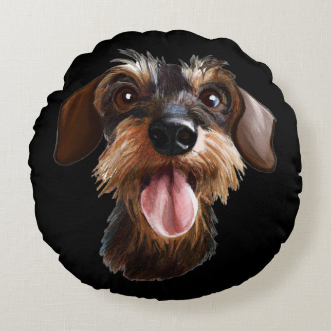 Wirehved Dachshund Rund Kudde (Framsidan)