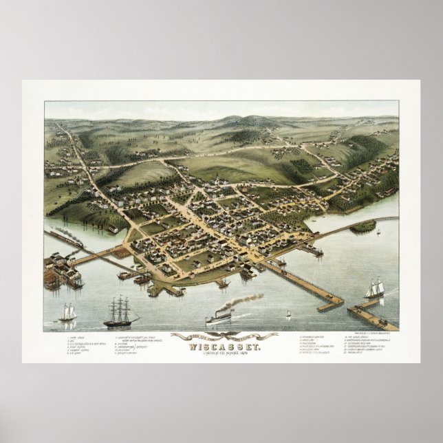 Wiscasset, Maine Birds Öga View, 1878 Poster (Framsidan)