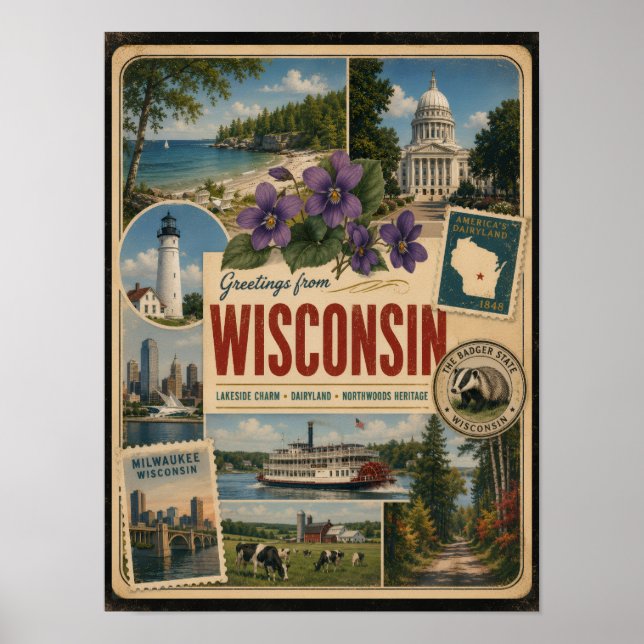 Wisconsin Äkta Vintage Stil Poster (Framsidan)