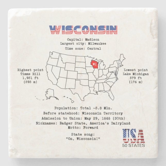 Wisconsin American State på karta och användbar in Stenunderlägg (Framsidan)