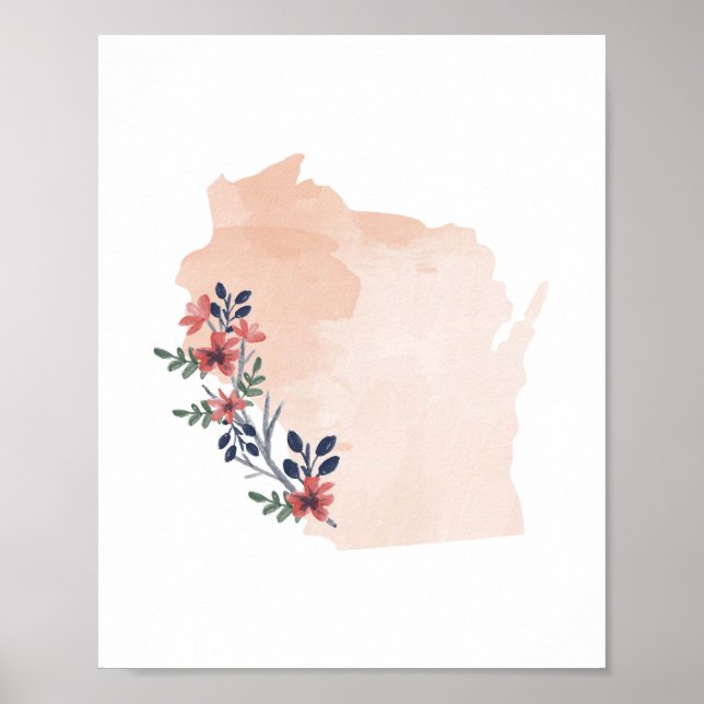 Wisconsin Blommigt Watercolor State Poster (Framsidan)