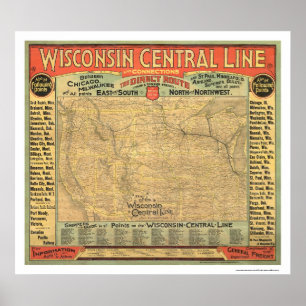 Wisconsin Central Railroad Karta 1882 Poster