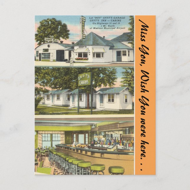 Wisconsin, Gests Garage, Inn & Cabins, Madison Vykort (Framsida)